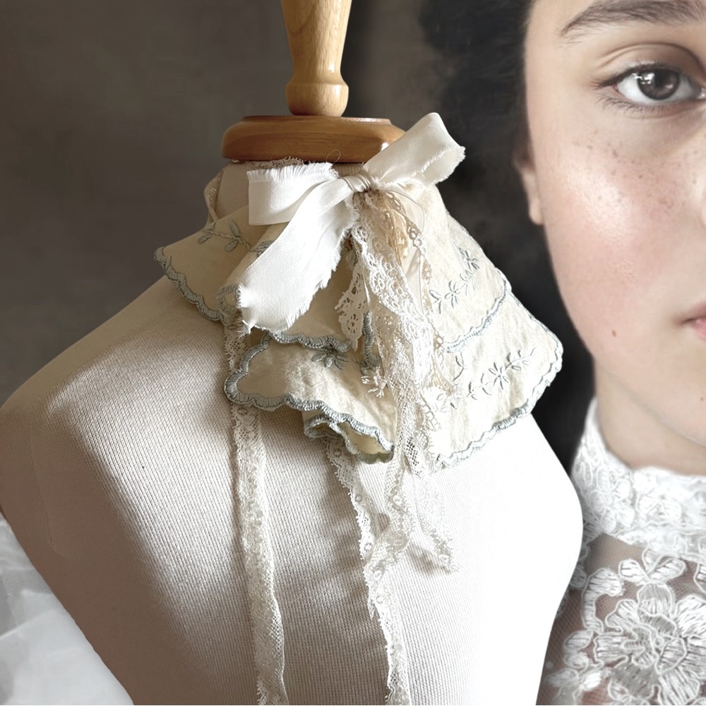 Antique Jabot in Cream with Light Blue Embroidery